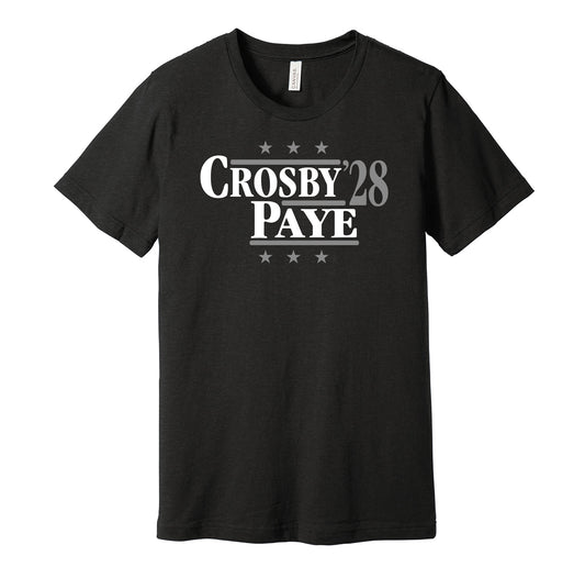 Las Vegas Raiders retro political campaign parody black t-shirt featuring Maxx Crosby and Kwity Paye '28, designed in a vintage election style by Hyper Than Hype Shirts.