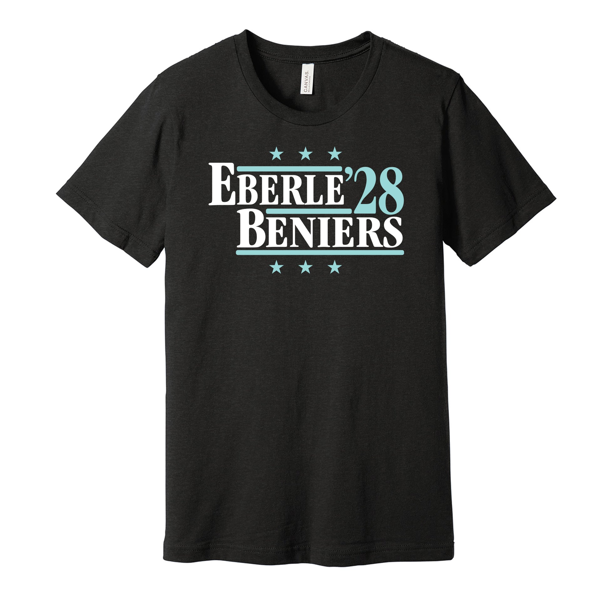 Seattle Kraken retro political campaign parody black t-shirt featuring Jordan Eberle and Matty Beniers '28, designed in a vintage election style by Hyper Than Hype Shirts.