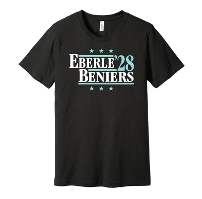 Seattle Kraken retro political campaign parody black t-shirt featuring Jordan Eberle and Matty Beniers '28, designed in a vintage election style by Hyper Than Hype Shirts.