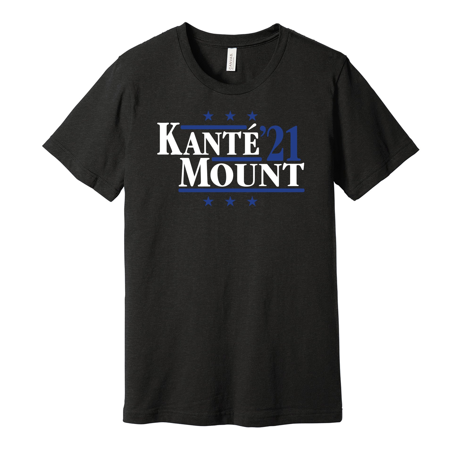 Chelsea retro political campaign parody black t-shirt featuring N'Golo Kanté and Mason Mount '21, designed in a vintage election style by Hyper Than Hype Shirts.