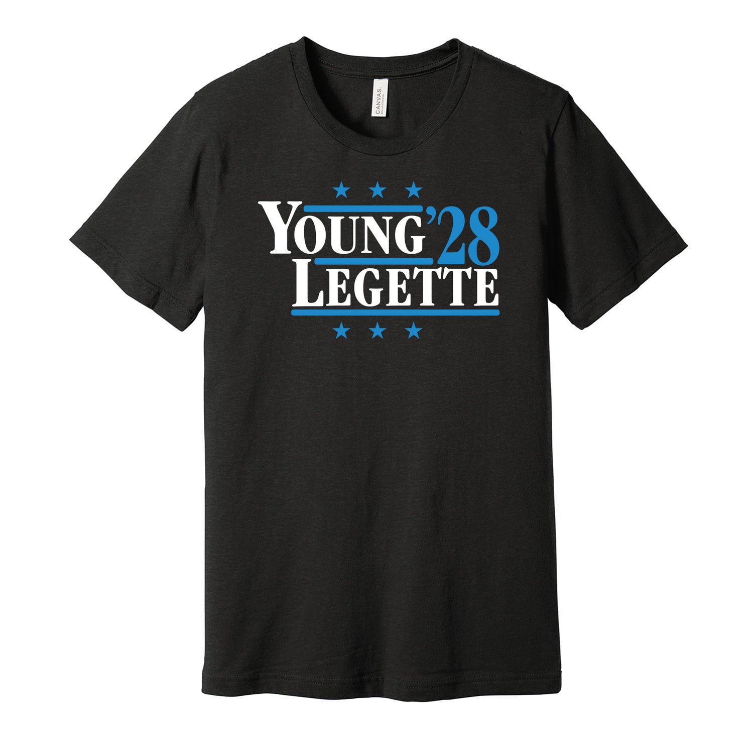 Carolina Panthers retro political campaign parody black t-shirt featuring Bryce Young and Xavier Legette '28, designed in a vintage election style by Hyper Than Hype Shirts.