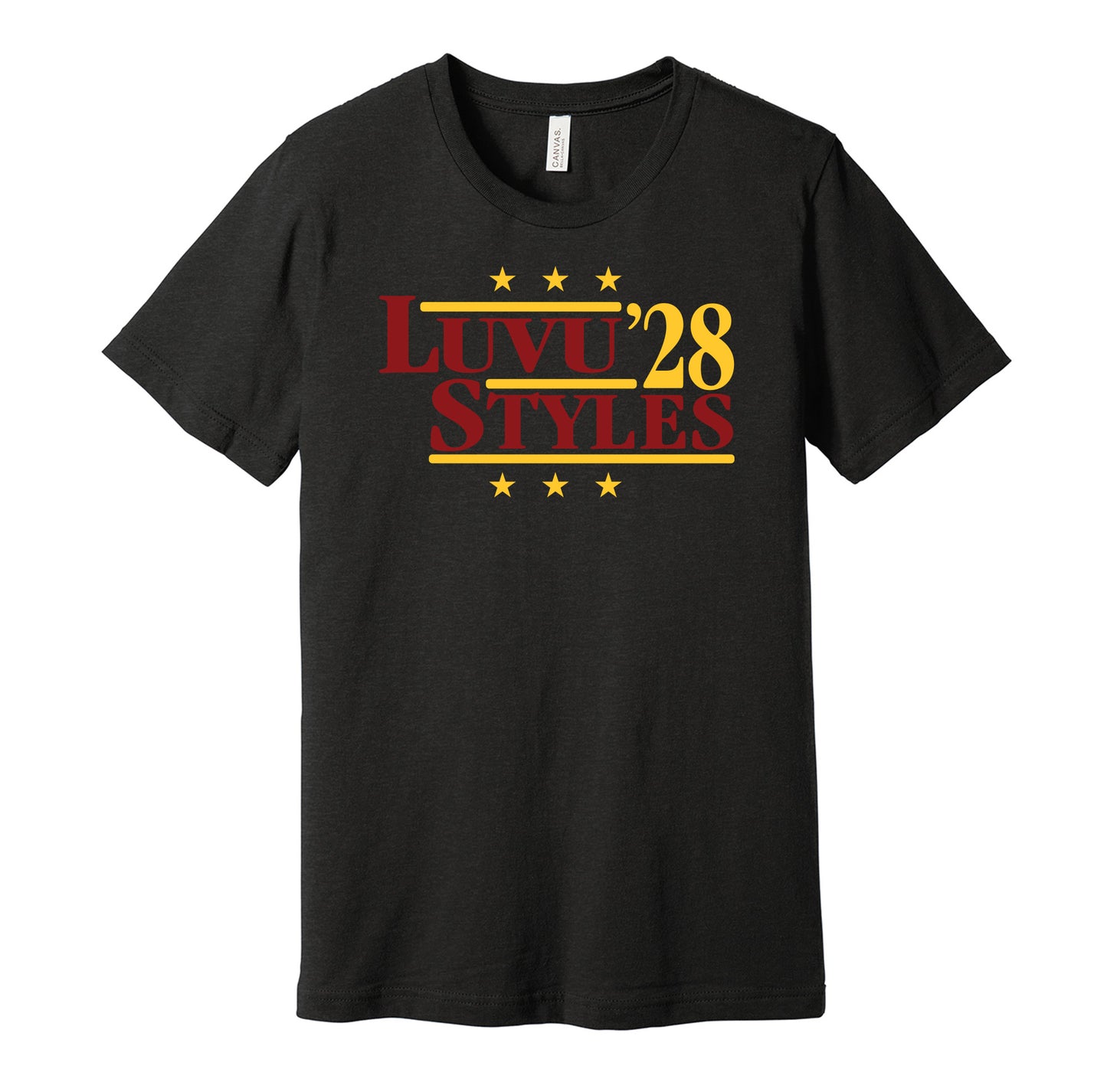 Washington Commanders retro political campaign parody black t-shirt featuring Frankie Luvu and Sonny Styles '28, designed in a vintage election style by Hyper Than Hype Shirts.