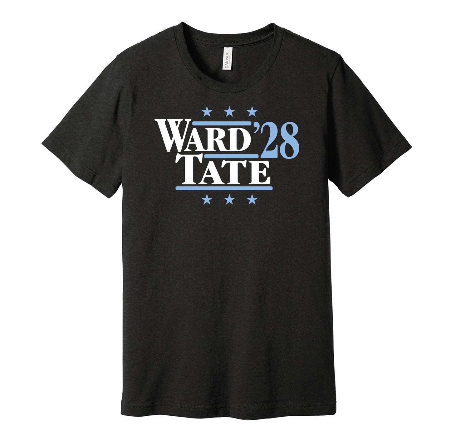 Tennessee Titans retro political campaign parody black t-shirt featuring Cam Ward and Carnell Tate '28, designed in a vintage election style by Hyper Than Hype Shirts.