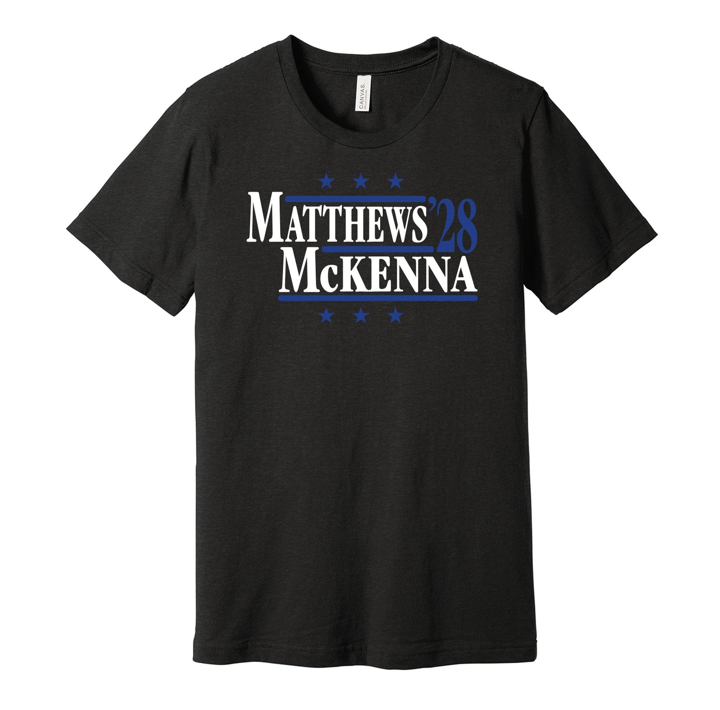 Toronto Maple Leafs retro political campaign parody black t-shirt featuring Auston Matthews and Gavin McKenna '28, designed in a vintage election style by Hyper Than Hype Shirts.