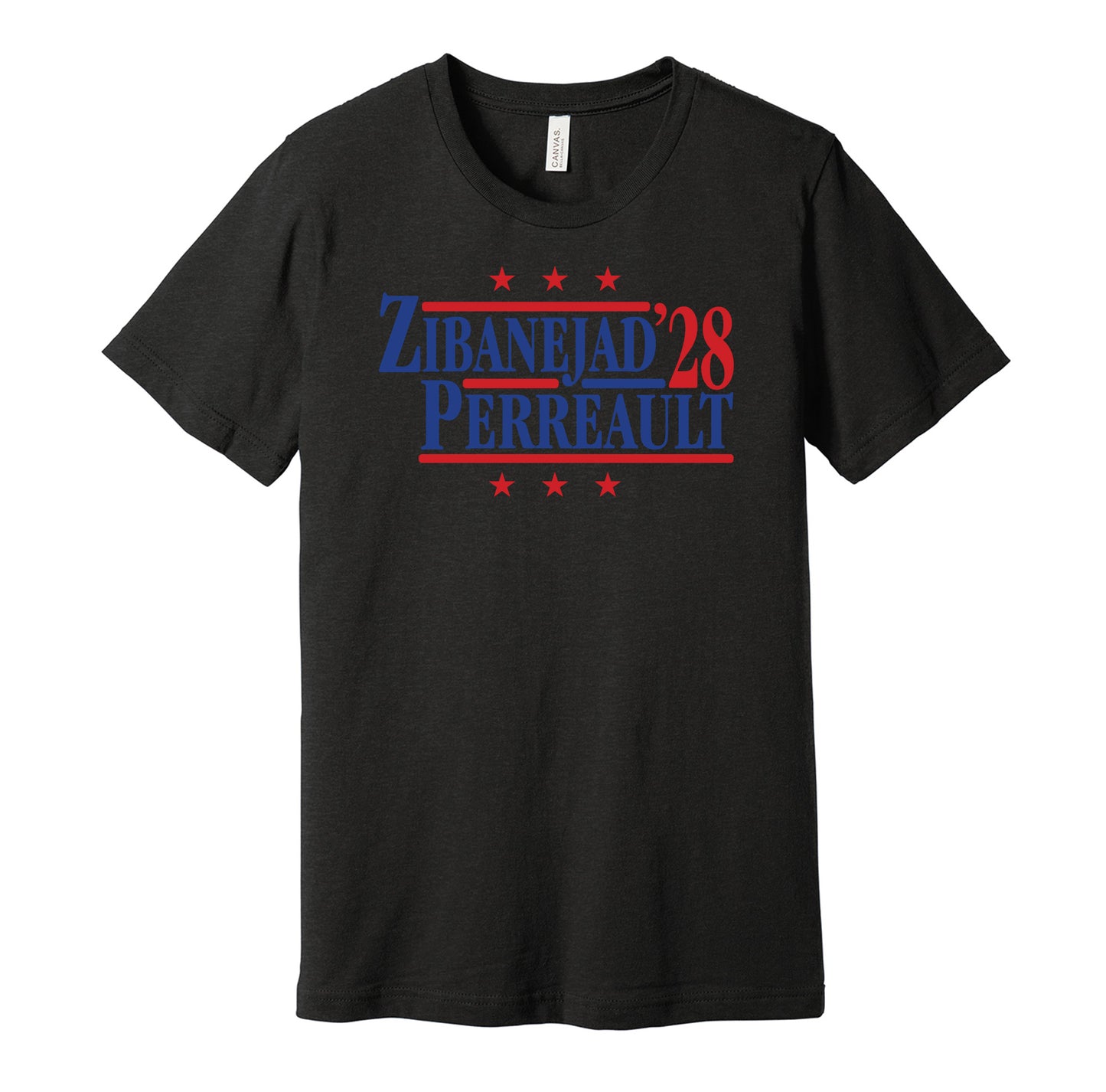 New York Rangers retro political campaign parody black t-shirt featuring Mika Zibanejad and Gabriel Perreault '28 design