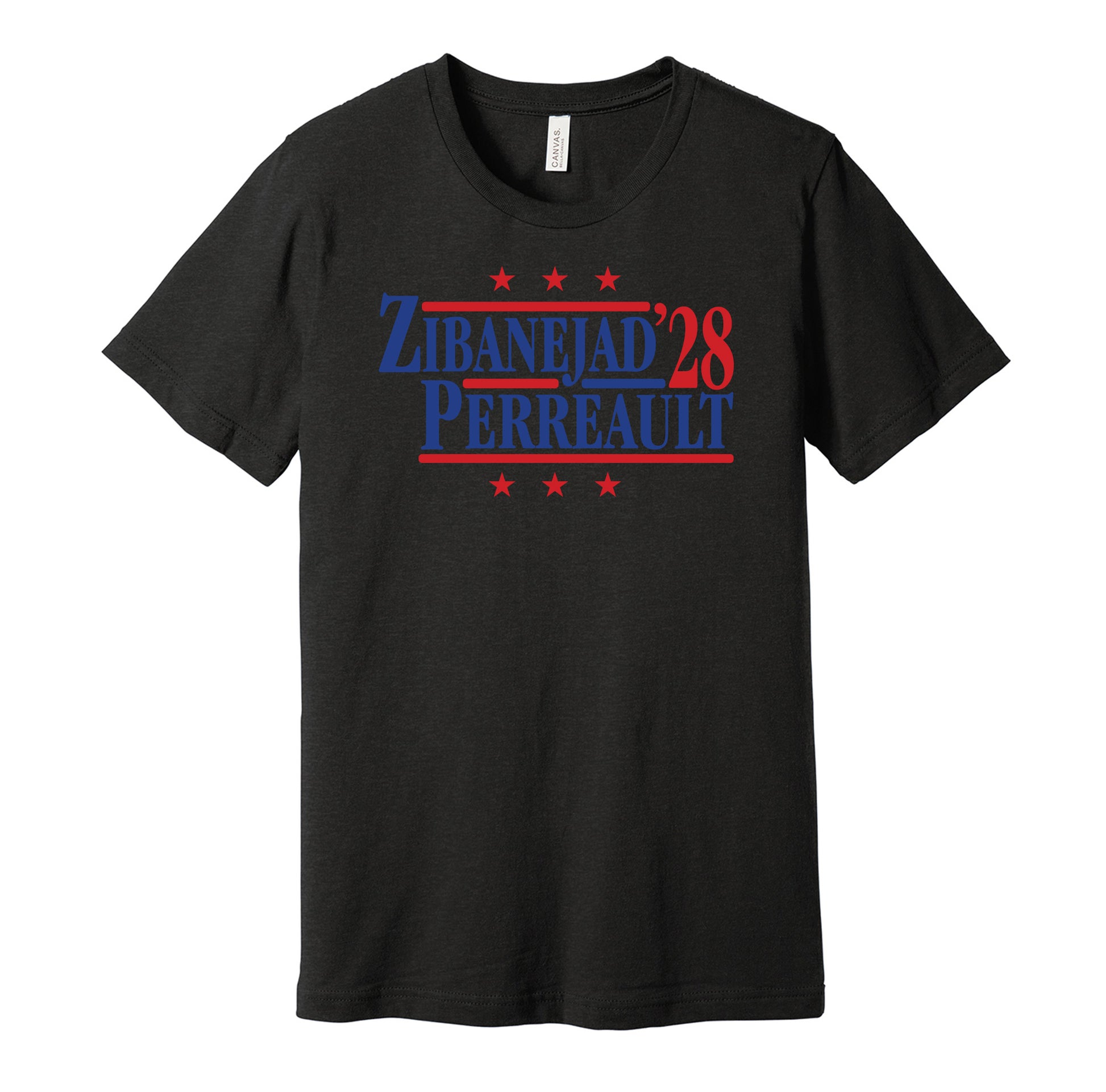 New York Rangers retro political campaign parody black t-shirt featuring Mika Zibanejad and Gabriel Perreault '28 design