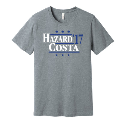 Chelsea retro political campaign parody grey t-shirt featuring Eden Hazard and Diego Costa '17, designed in a vintage election style by Hyper Than Hype Shirts.