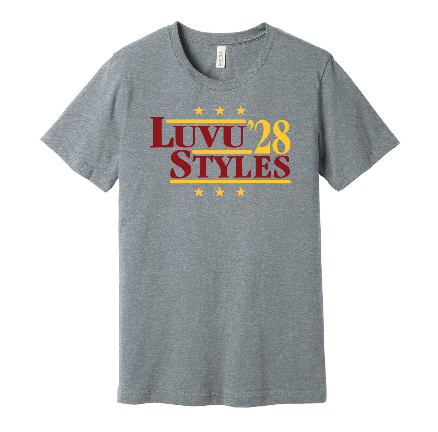 Washington Commanders retro political campaign parody grey t-shirt featuring Frankie Luvu and Sonny Styles '28, designed in a vintage election style by Hyper Than Hype Shirts.