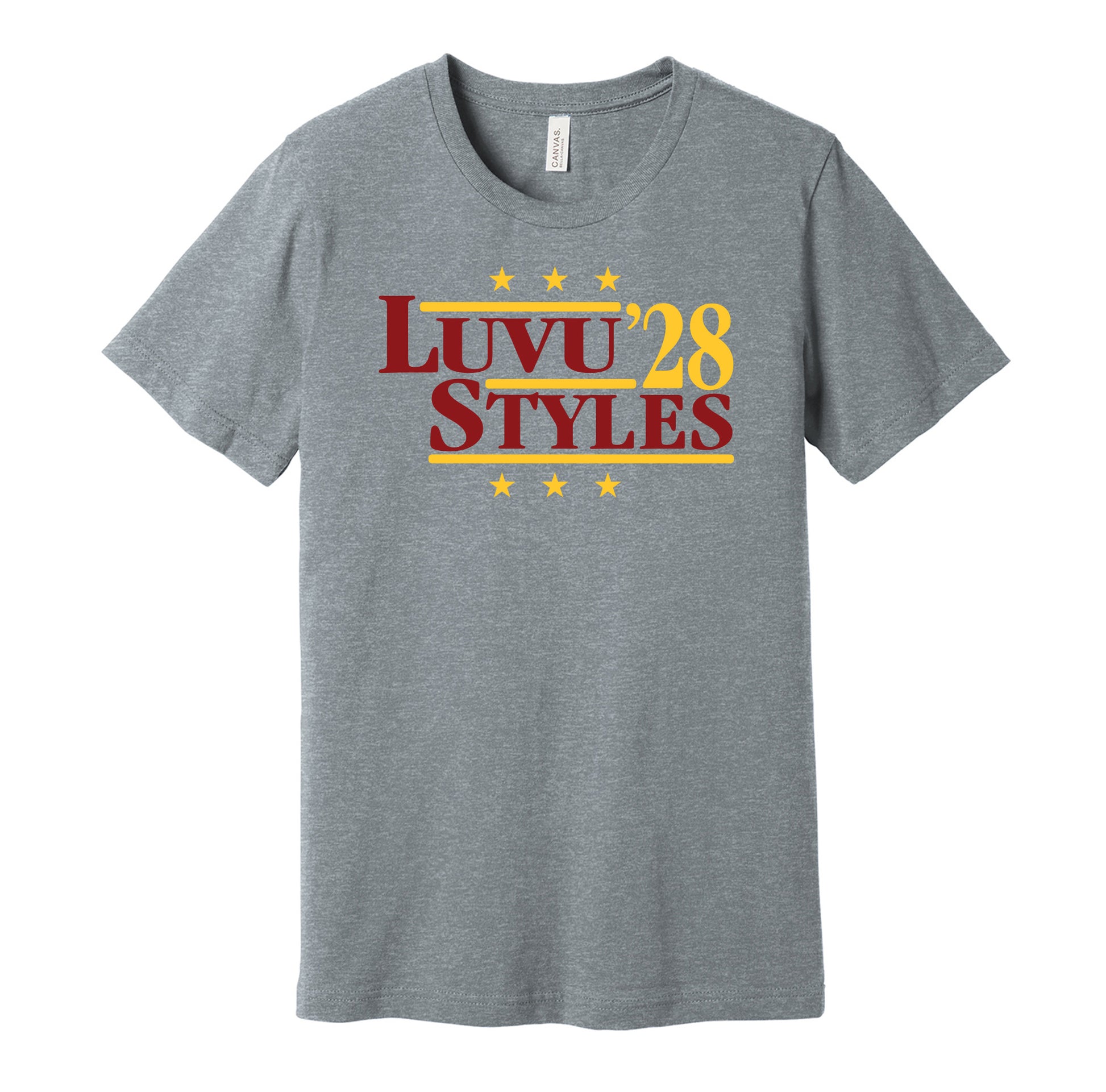 Washington Commanders retro political campaign parody grey t-shirt featuring Frankie Luvu and Sonny Styles '28, designed in a vintage election style by Hyper Than Hype Shirts.