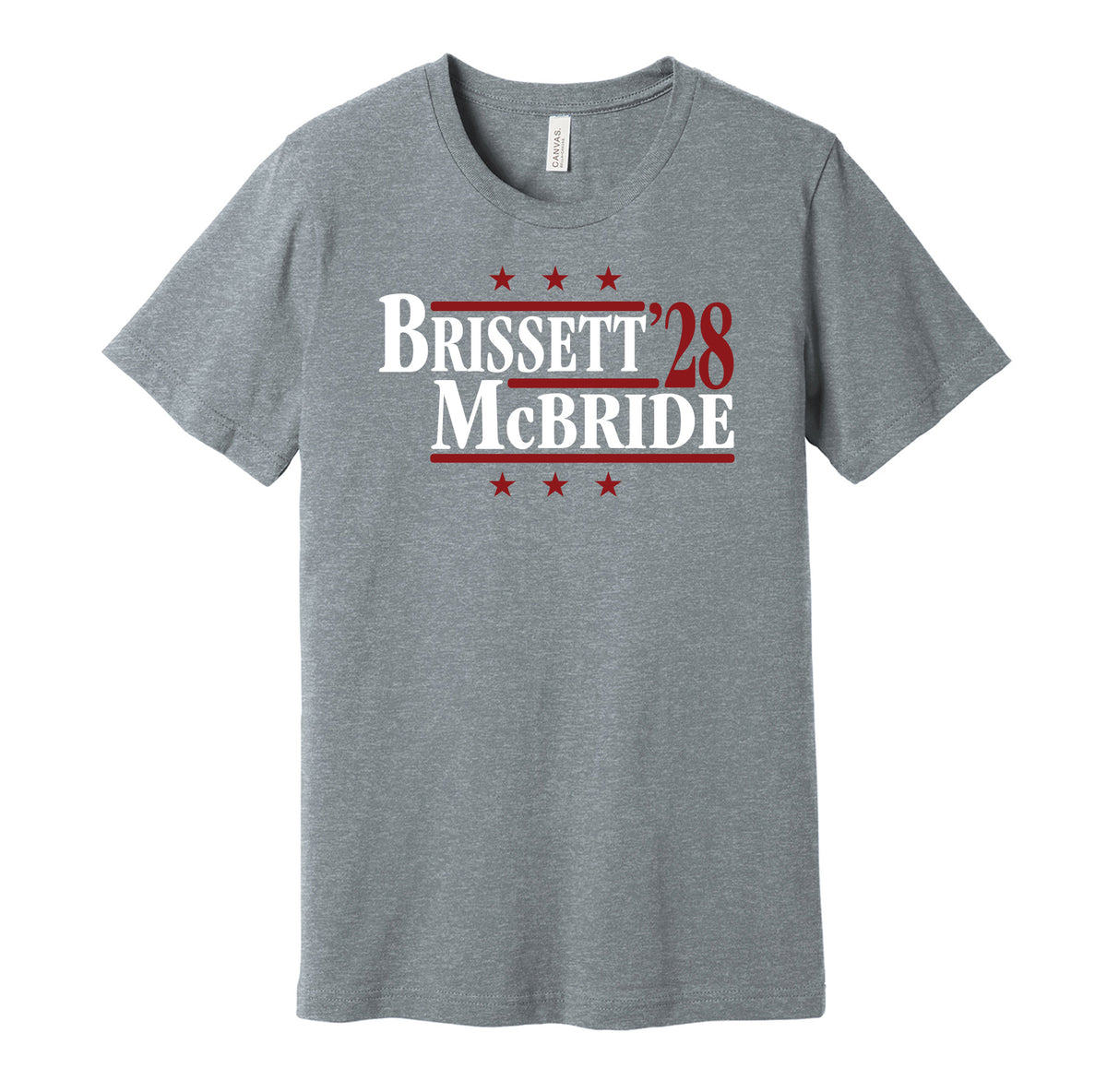 Arizona Cardinals retro political campaign parody grey t-shirt featuring Jacoby Brissett and Trey McBride '28, designed in a vintage election style by Hyper Than Hype Shirts.