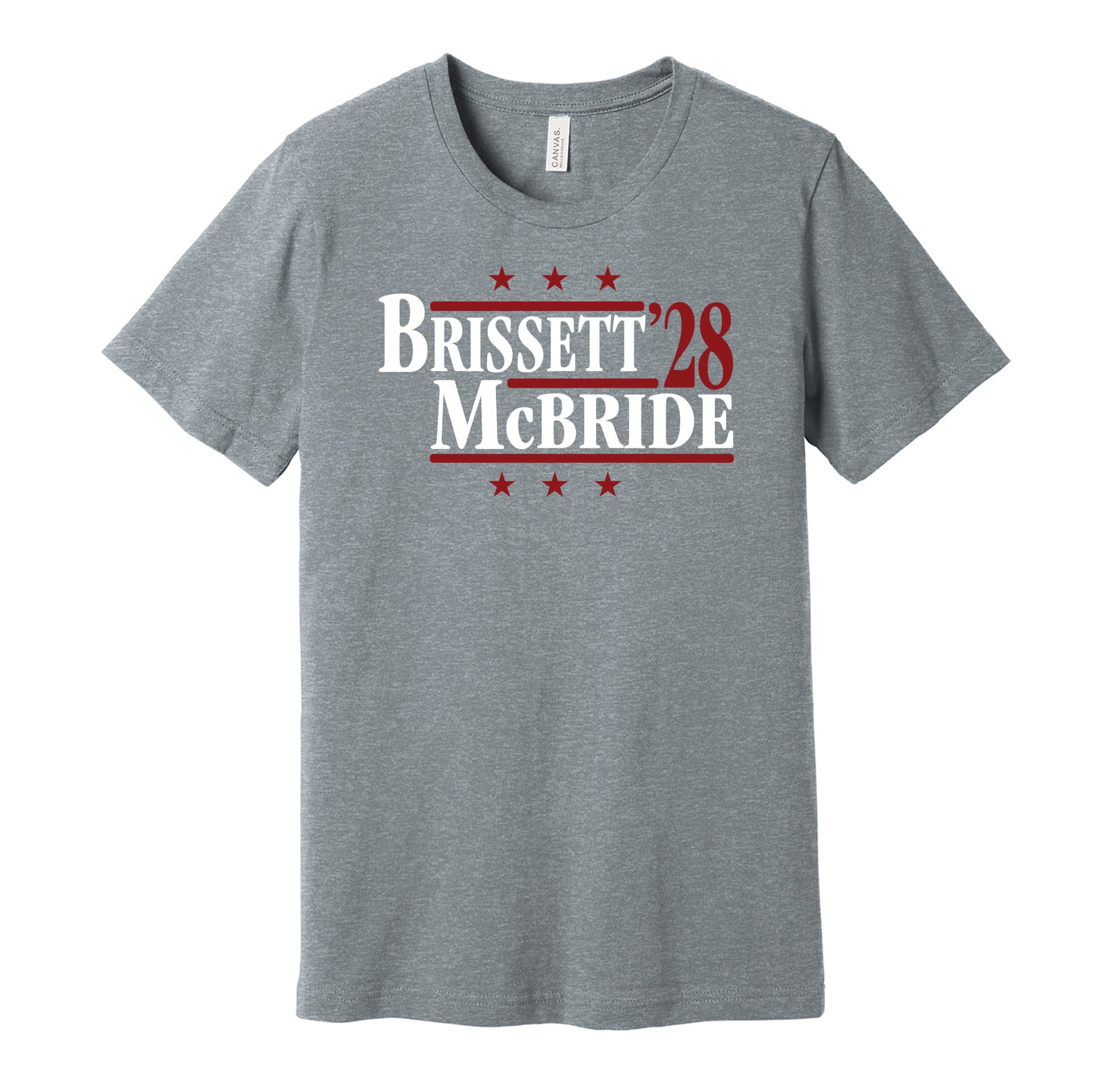 Arizona Cardinals retro political campaign parody grey t-shirt featuring Jacoby Brissett and Trey McBride '28, designed in a vintage election style by Hyper Than Hype Shirts.