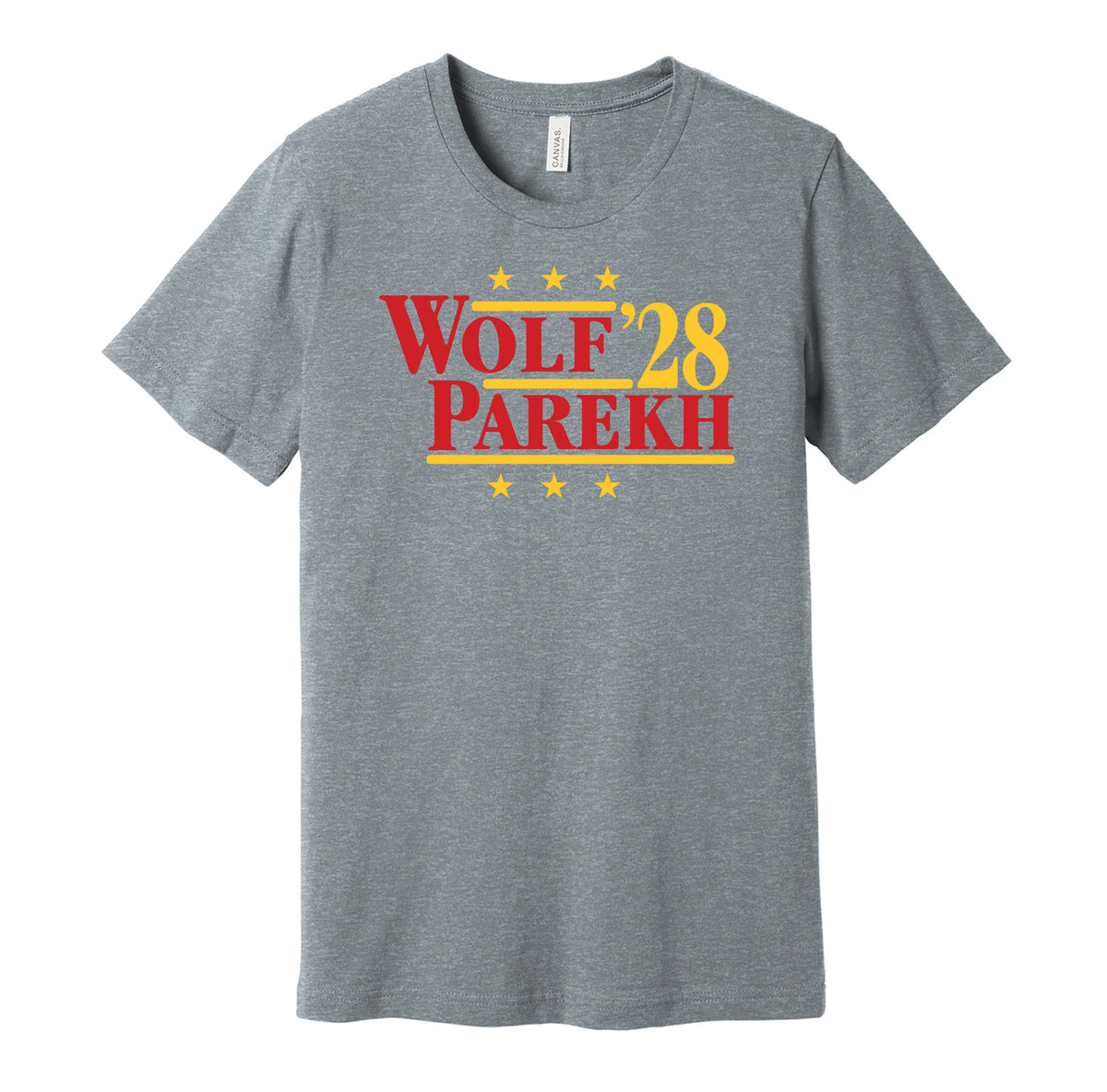 Calgary Flames retro political campaign parody grey t-shirt featuring Dustin Wolf and Zayne Parekh '28, designed in a vintage election style by Hyper Than Hype Shirts.