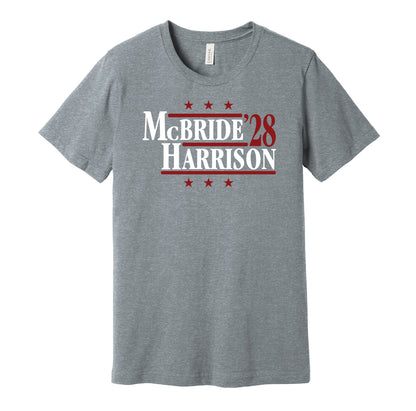 Arizona Cardinals retro political campaign parody grey t-shirt featuring Marvin Harrison Jr. and Trey McBride '28, designed in a vintage election style by Hyper Than Hype Shirts.