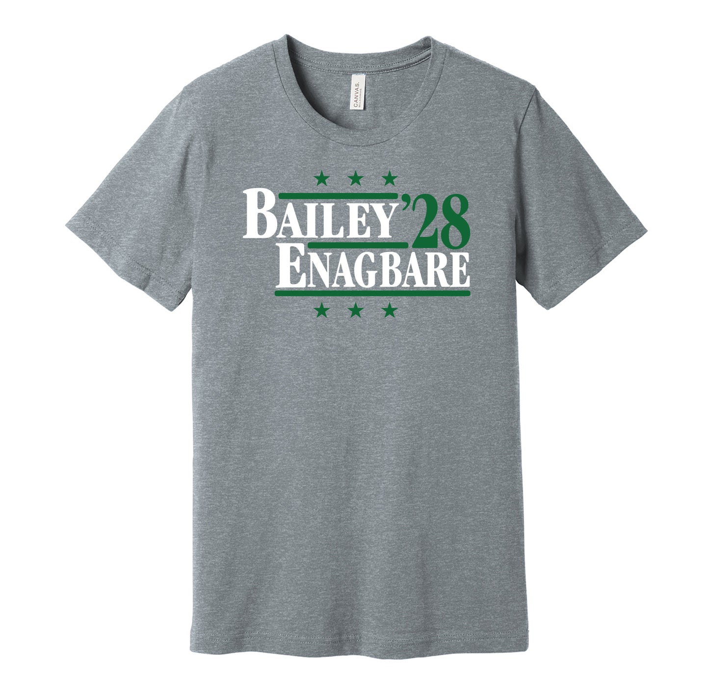 New York Jets retro political campaign parody grey t-shirt featuring David Bailey and Kingsley Enagbare '28, designed in a vintage election style by Hyper Than Hype Shirts.