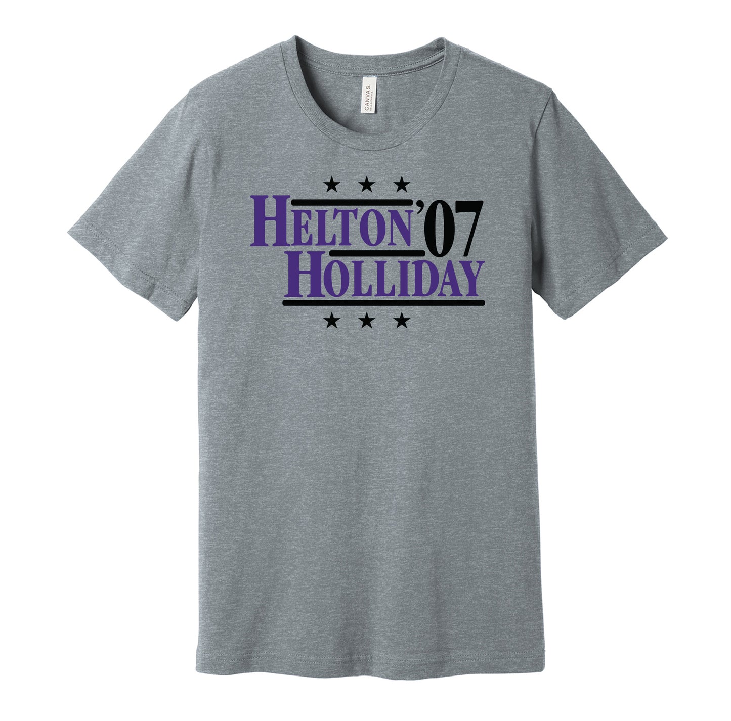 Colorado Rockies retro political campaign parody grey t-shirt featuring Todd Helton and Matt Holliday '07, designed in a vintage election style by Hyper Than Hype Shirts.
