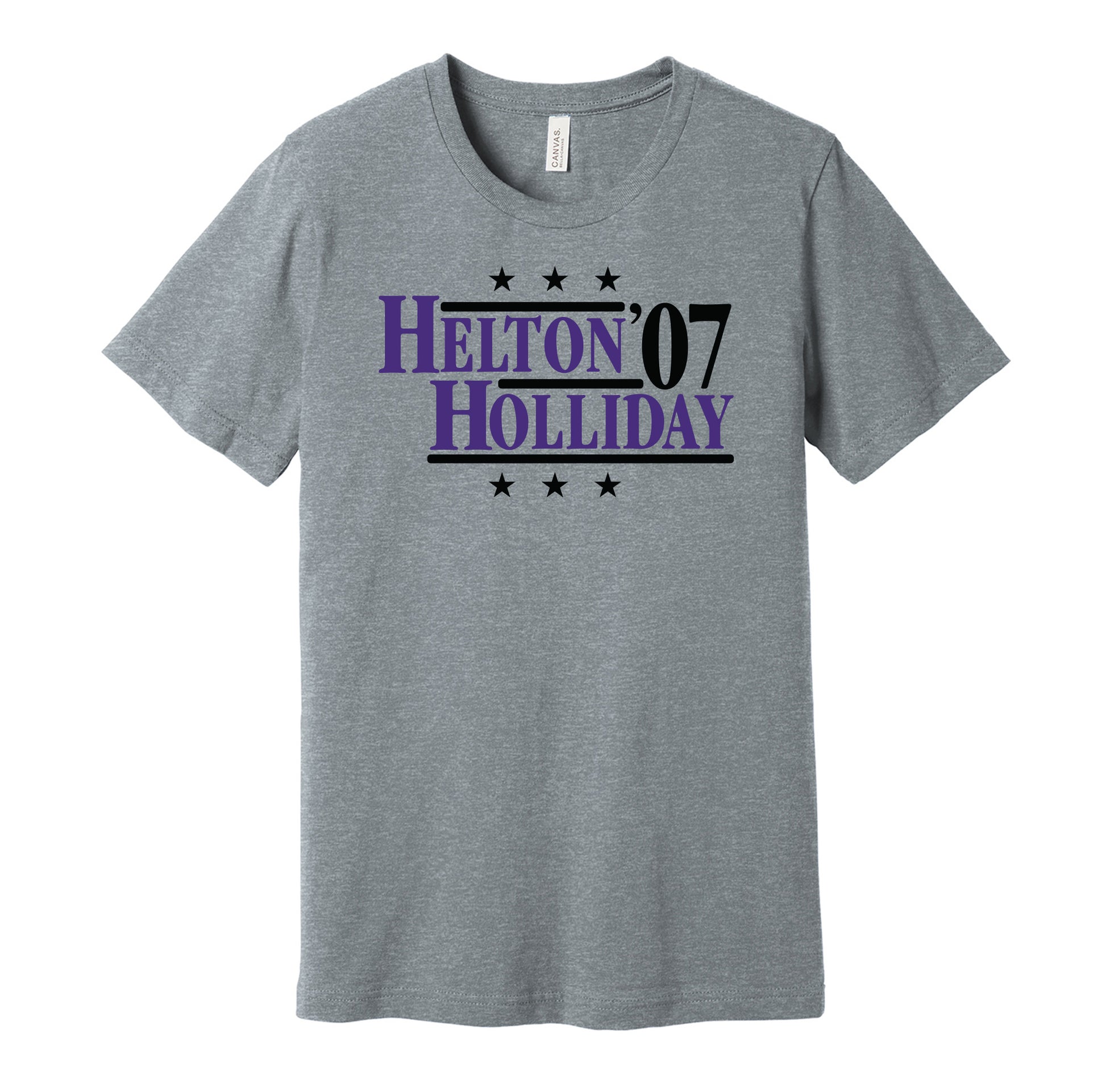 Colorado Rockies retro political campaign parody grey t-shirt featuring Todd Helton and Matt Holliday '07, designed in a vintage election style by Hyper Than Hype Shirts.