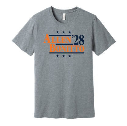 Denver Broncos retro political campaign parody grey t-shirt featuring Zach Allen and Nik Bonitto '28, designed in a vintage election style by Hyper Than Hype Shirts.