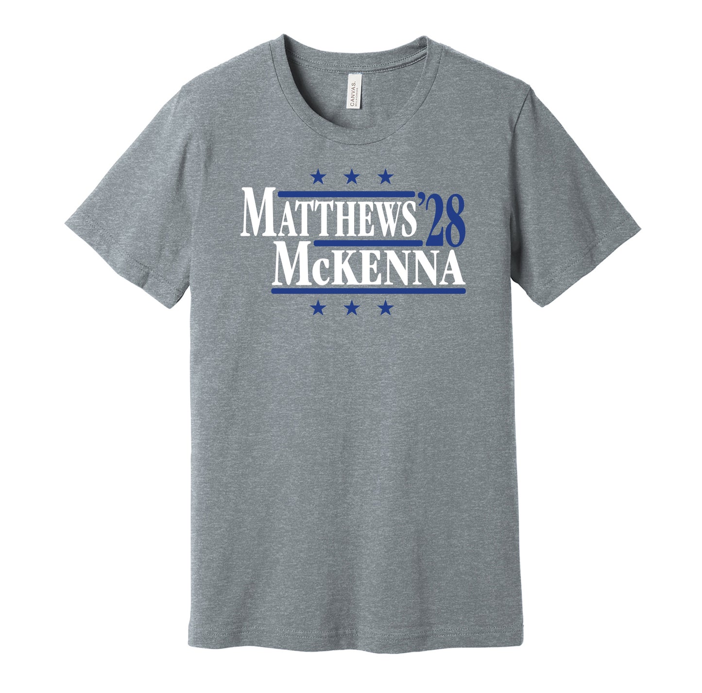 Toronto Maple Leafs retro political campaign parody grey t-shirt featuring Auston Matthews and Gavin McKenna '28, designed in a vintage election style by Hyper Than Hype Shirts.