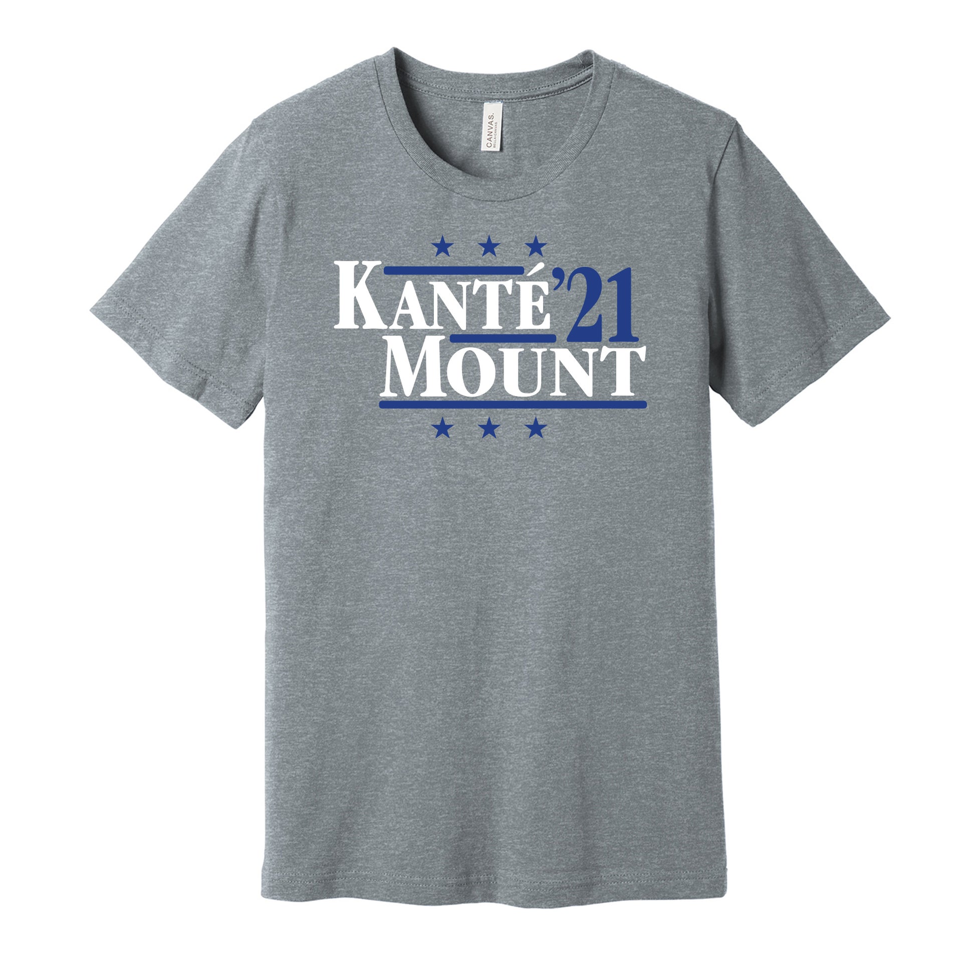 Chelsea retro political campaign parody grey t-shirt featuring N'Golo Kanté and Mason Mount '21, designed in a vintage election style by Hyper Than Hype Shirts.