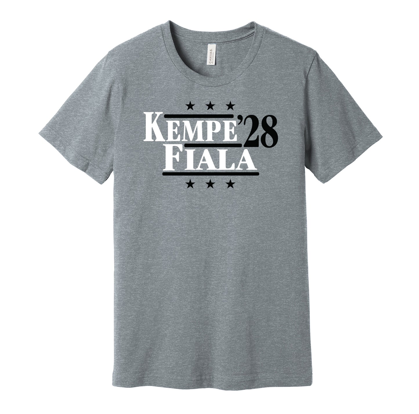 LA Kings retro political campaign parody grey t-shirt featuring Adrian Kempe and Kevin Fiala '28, designed in a vintage election style by Hyper Than Hype Shirts.