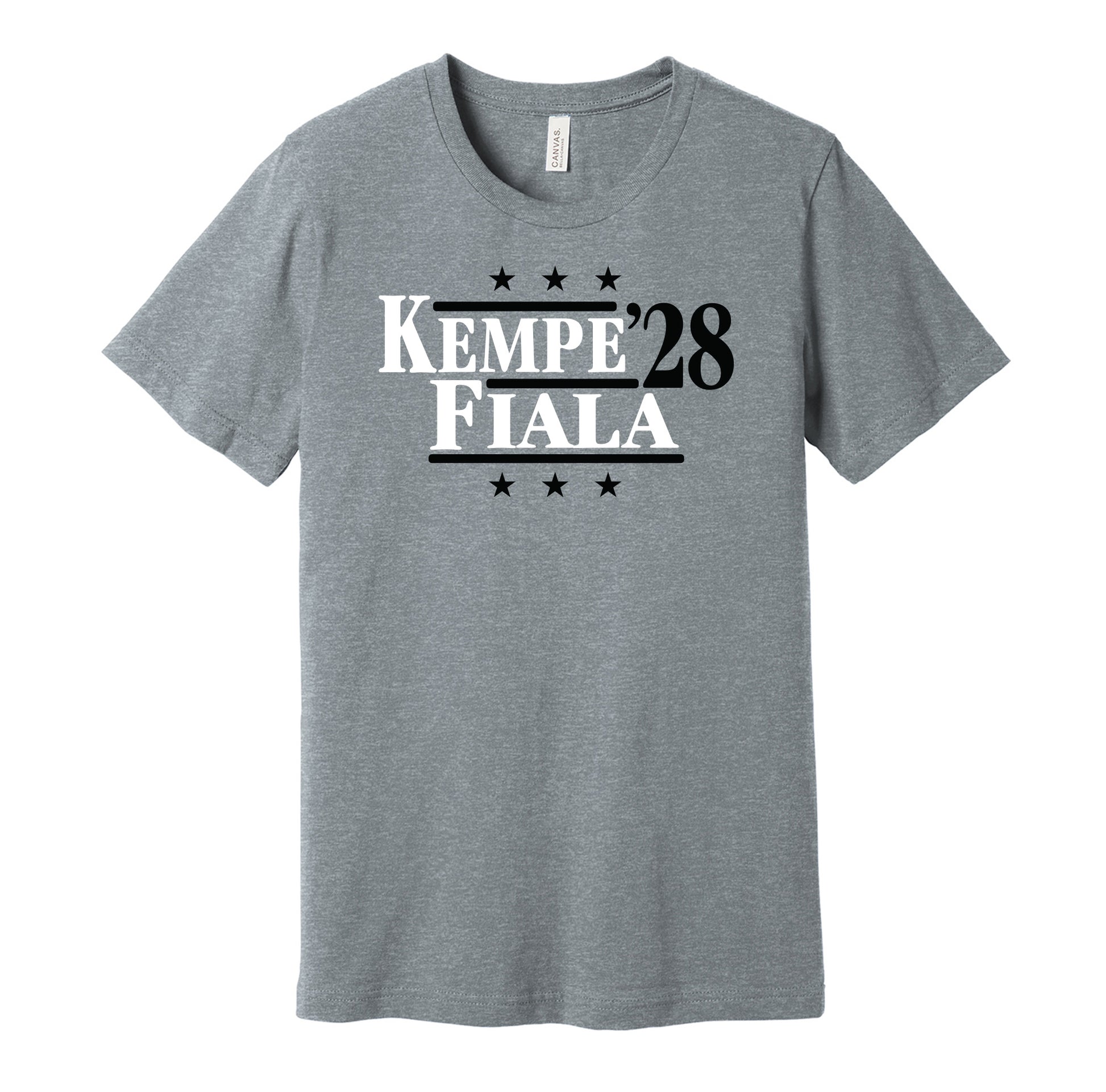 LA Kings retro political campaign parody grey t-shirt featuring Adrian Kempe and Kevin Fiala '28, designed in a vintage election style by Hyper Than Hype Shirts.