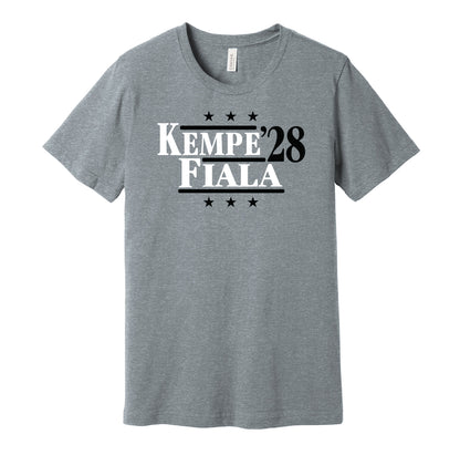 LA Kings retro political campaign parody grey t-shirt featuring Adrian Kempe and Kevin Fiala '28, designed in a vintage election style by Hyper Than Hype Shirts.