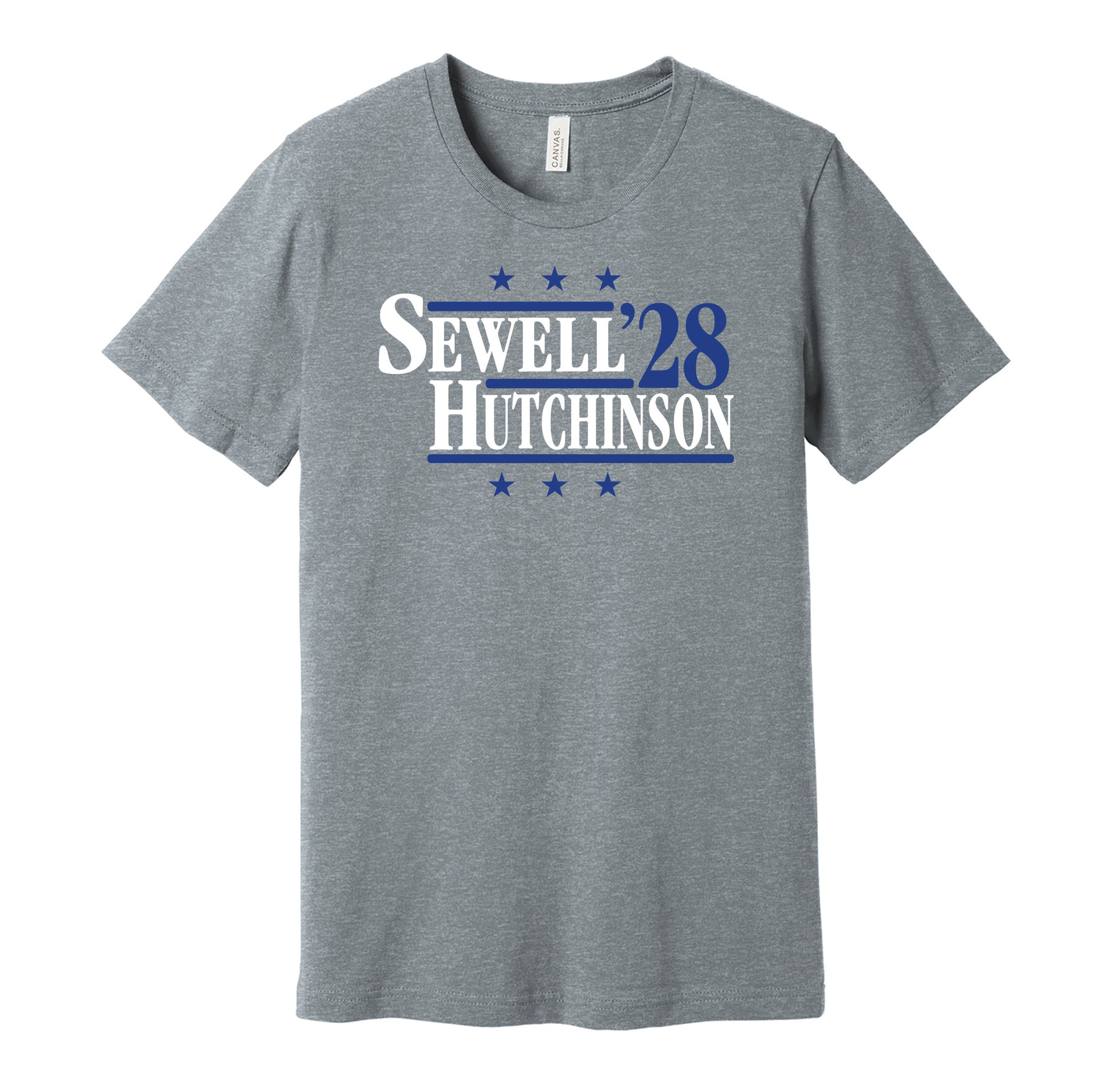 Detroit Lions retro political campaign parody grey t-shirt featuring Penei Sewell and Aidan Hutchinson '28, designed in a vintage election style by Hyper Than Hype Shirts.
