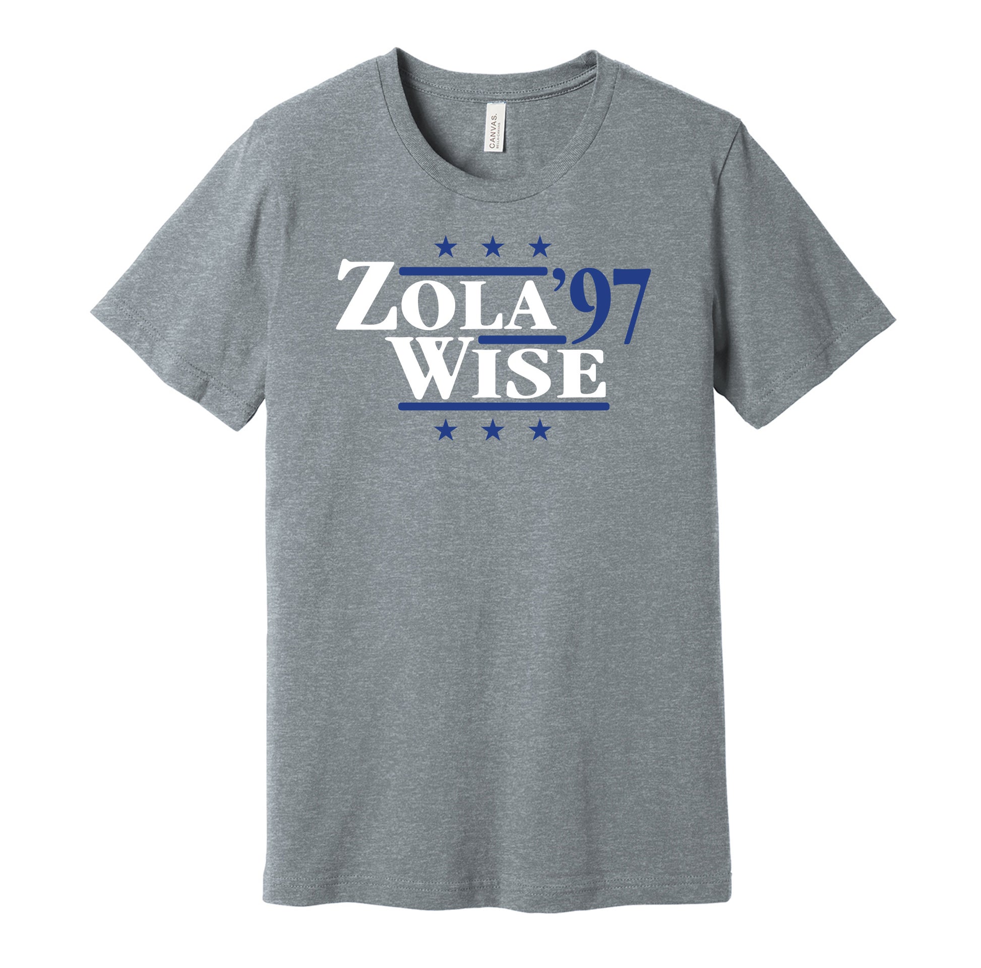 Chelsea retro political campaign parody grey t-shirt featuring Gianfranco Zola and Dennis Wise '97, designed in a vintage election style by Hyper Than Hype Shirts.
