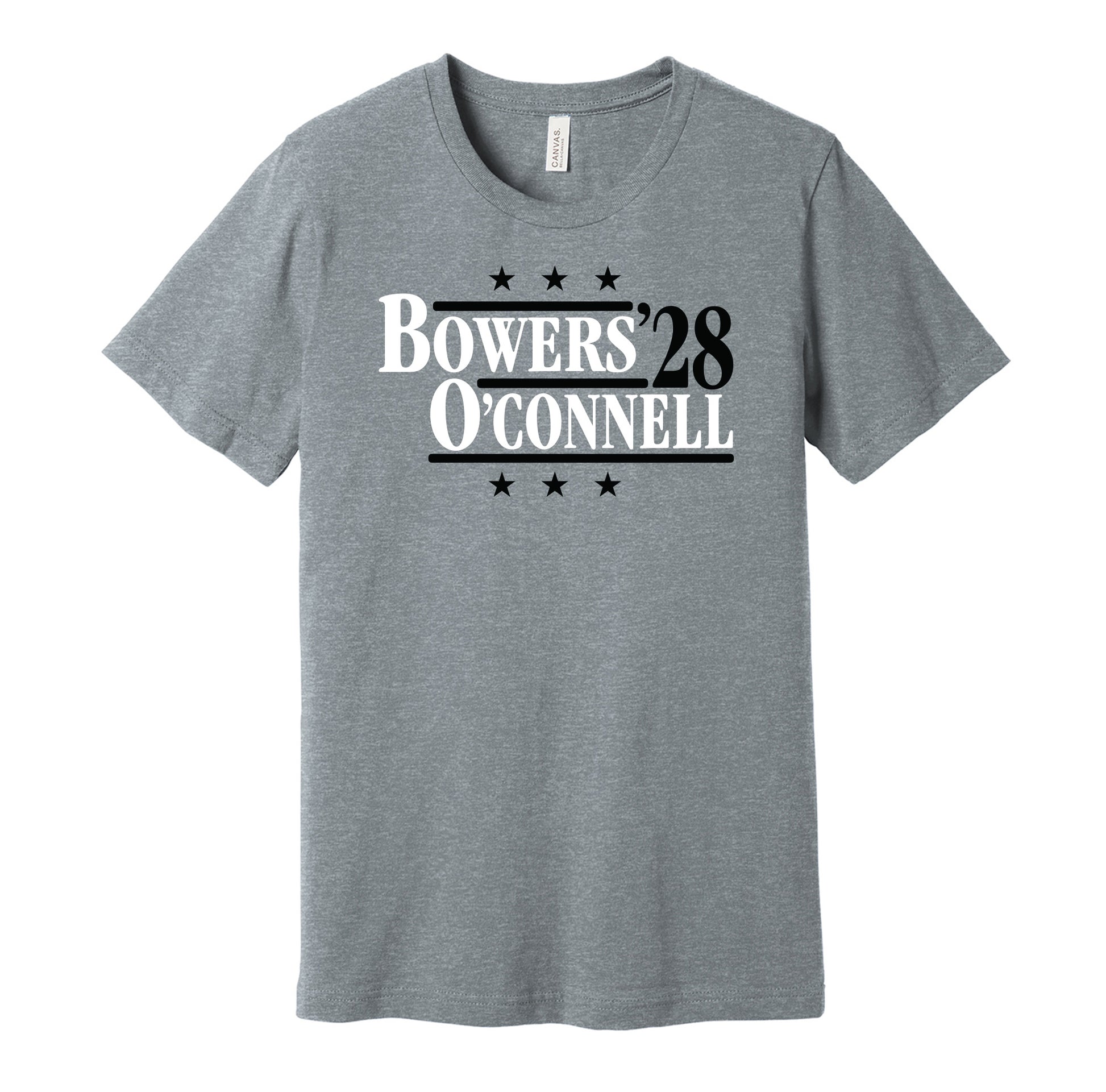 Las Vegas Raiders retro political campaign parody grey t-shirt featuring Brock Bowers and Aidan O'Connell '28, designed in a vintage election style by Hyper Than Hype Shirts.