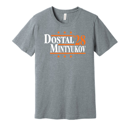 Anaheim Ducks retro political campaign parody grey t-shirt featuring Lukas Dostal and Pavel Mintyukov '28, designed in a vintage election style by Hyper Than Hype Shirts.