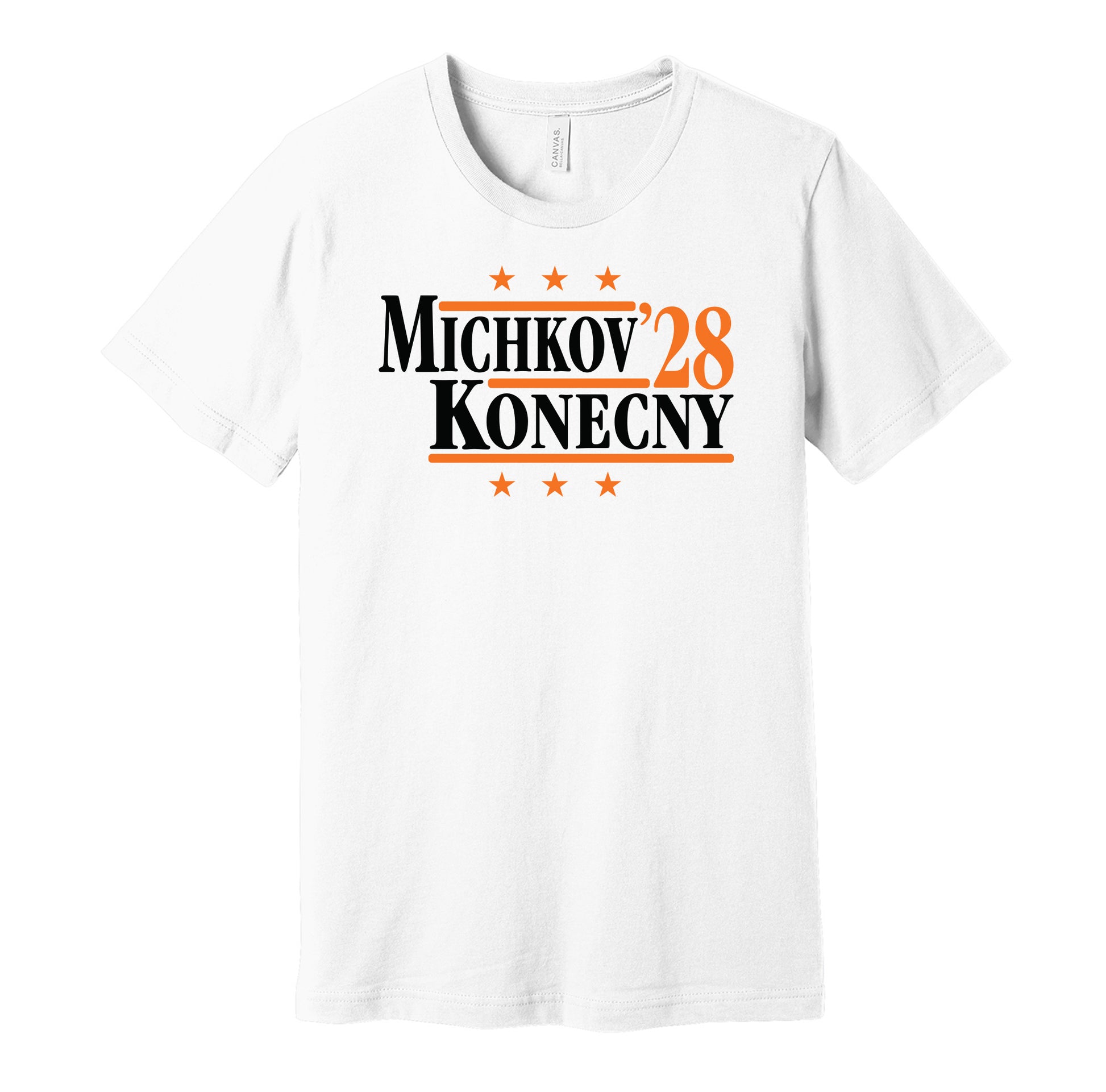 Philadelphia Flyers retro political campaign parody white t-shirt featuring Matvei Michkov and Travis Konecny '28, designed in a vintage election style by Hyper Than Hype Shirts.