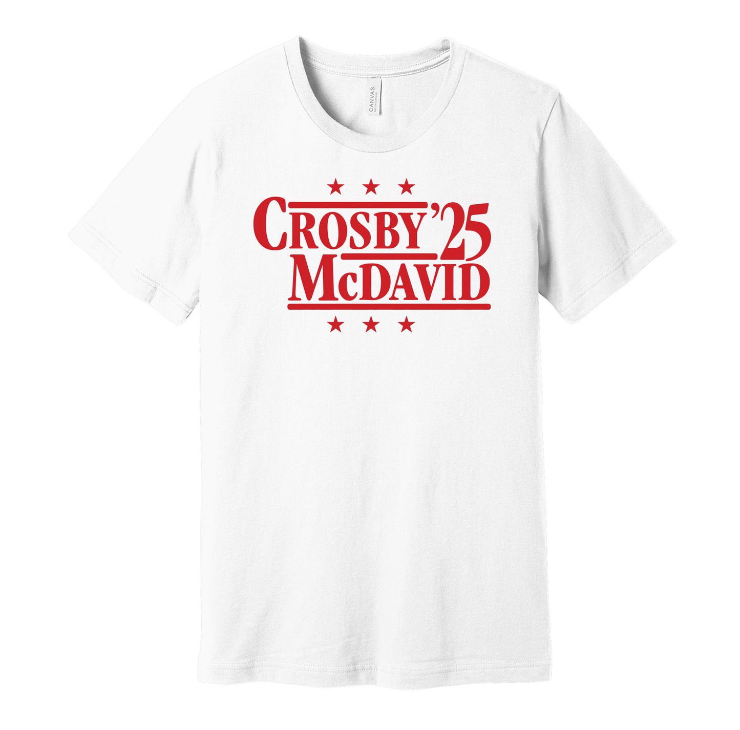 Team Canada retro political campaign parody white t-shirt featuring Sidney Crosby and Connor McDavid '25, designed in a vintage election style by Hyper Than Hype Shirts.