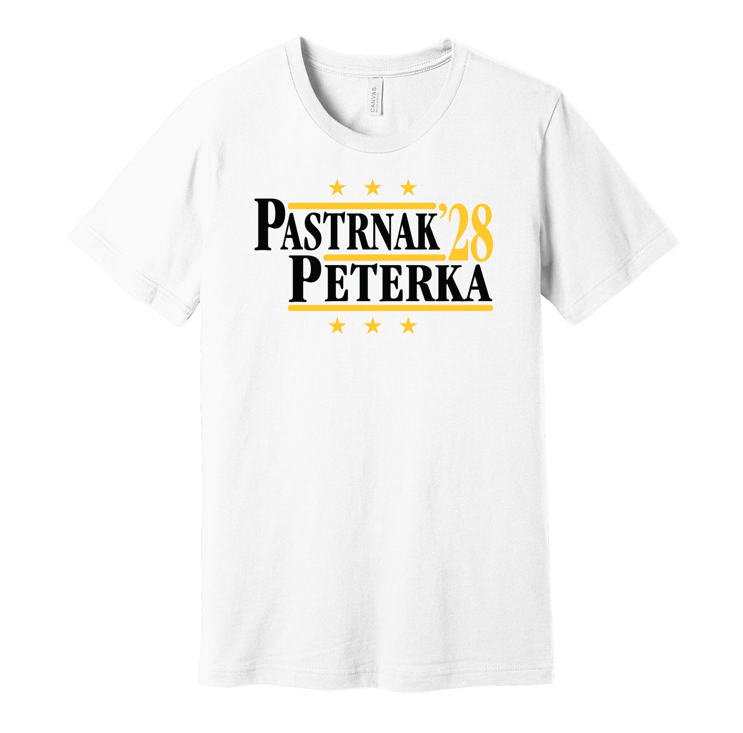 Boston Bruins retro political campaign parody white t-shirt featuring David Pastrnak and JJ Peterka '28, designed in a vintage election style by Hyper Than Hype Shirts.