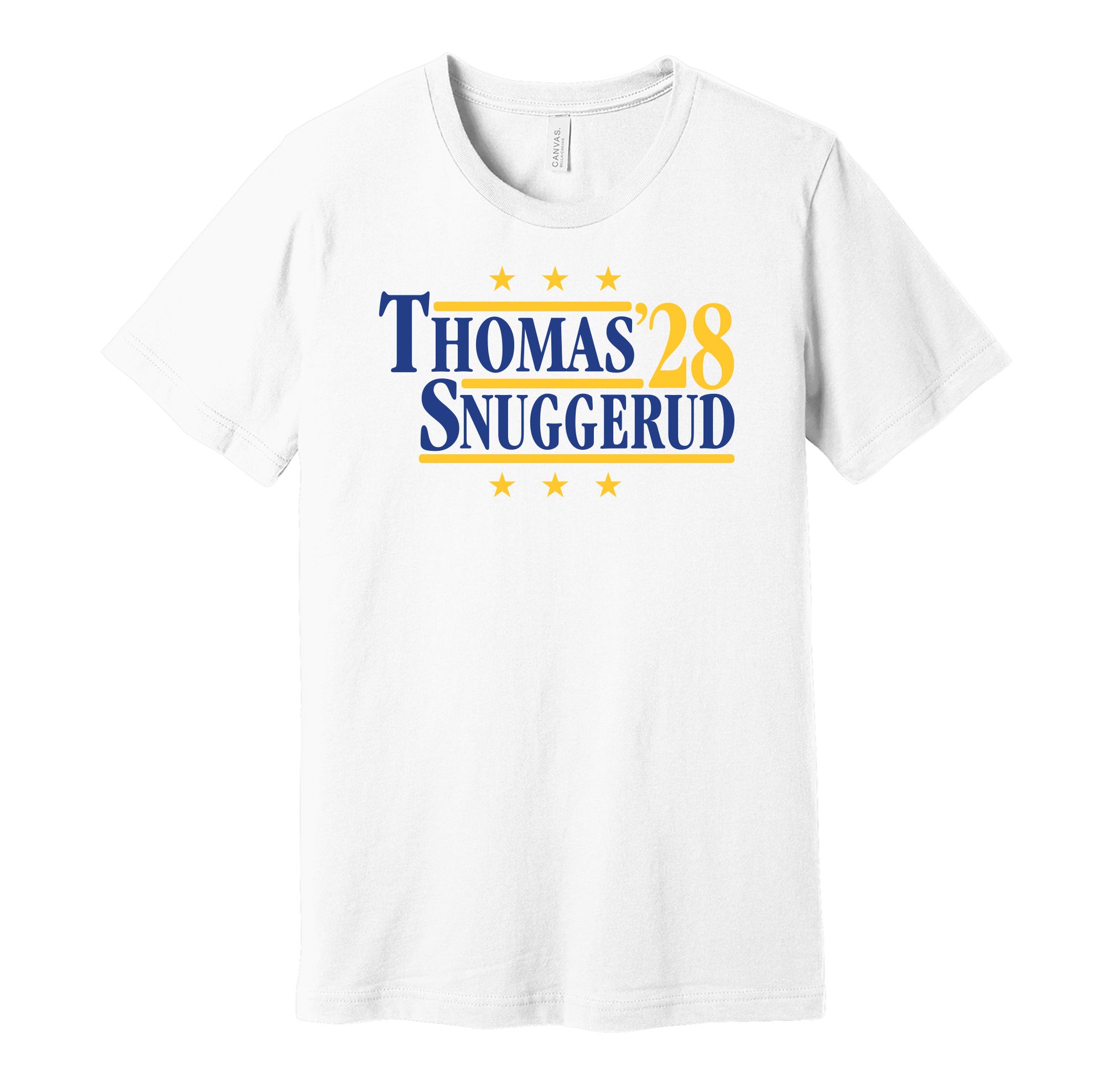 St. Louis Blues retro political campaign parody white t-shirt featuring Robert Thomas and Jimmy Snuggerud '28, designed in a vintage election style by Hyper Than Hype Shirts.