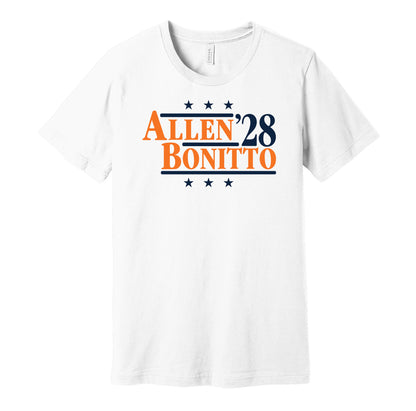 Denver Broncos retro political campaign parody white t-shirt featuring Zach Allen and Nik Bonitto '28, designed in a vintage election style by Hyper Than Hype Shirts.