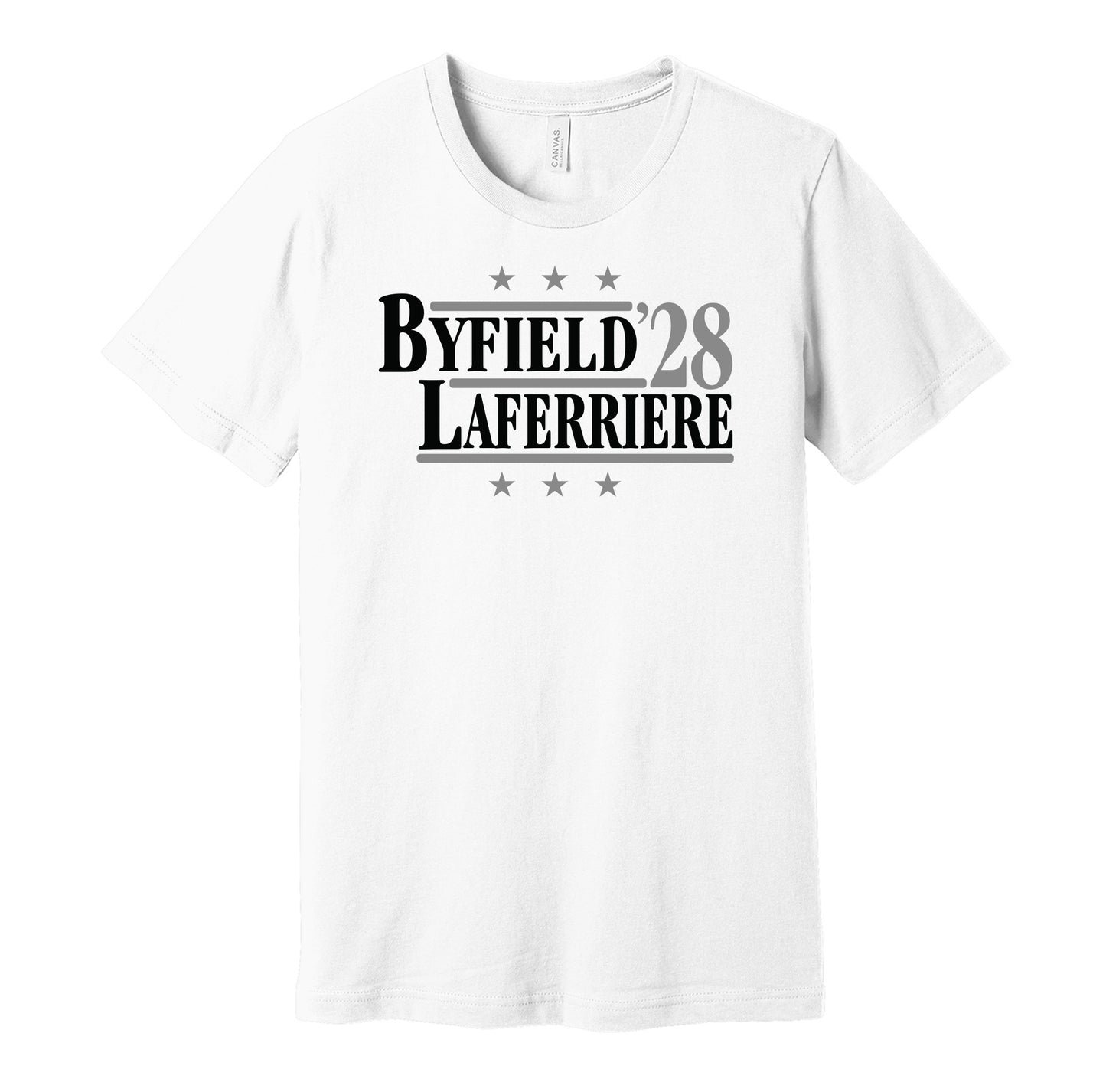 LA Kings retro political campaign parody white t-shirt featuring Quinton Byfield and Alex Laferriere '28, designed in a vintage election style by Hyper Than Hype Shirts.