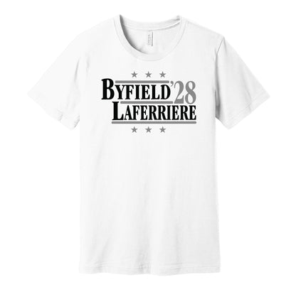 LA Kings retro political campaign parody white t-shirt featuring Quinton Byfield and Alex Laferriere '28, designed in a vintage election style by Hyper Than Hype Shirts.