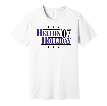 Colorado Rockies retro political campaign parody white t-shirt featuring Todd Helton and Matt Holliday '07, designed in a vintage election style by Hyper Than Hype Shirts.