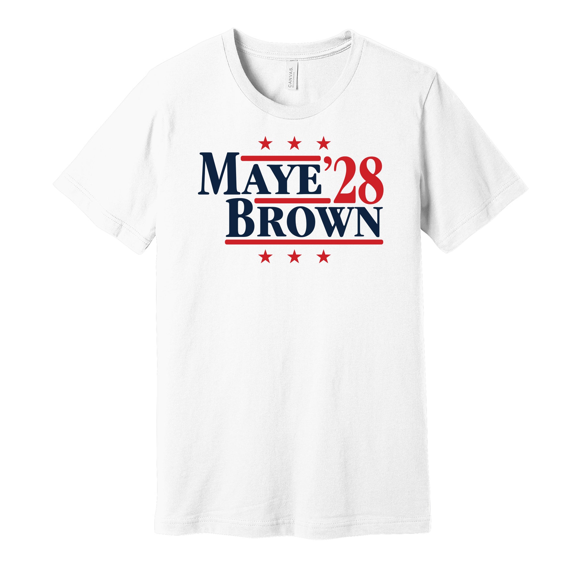 New England Patriots retro political campaign parody white t-shirt featuring Drake Maye and A.J. Brown '28, designed in a vintage election style by Hyper Than Hype Shirts.