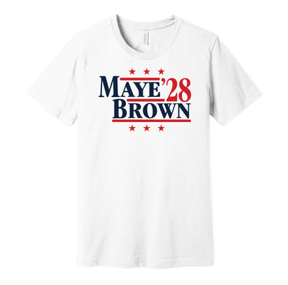 New England Patriots retro political campaign parody white t-shirt featuring Drake Maye and A.J. Brown '28, designed in a vintage election style by Hyper Than Hype Shirts.
