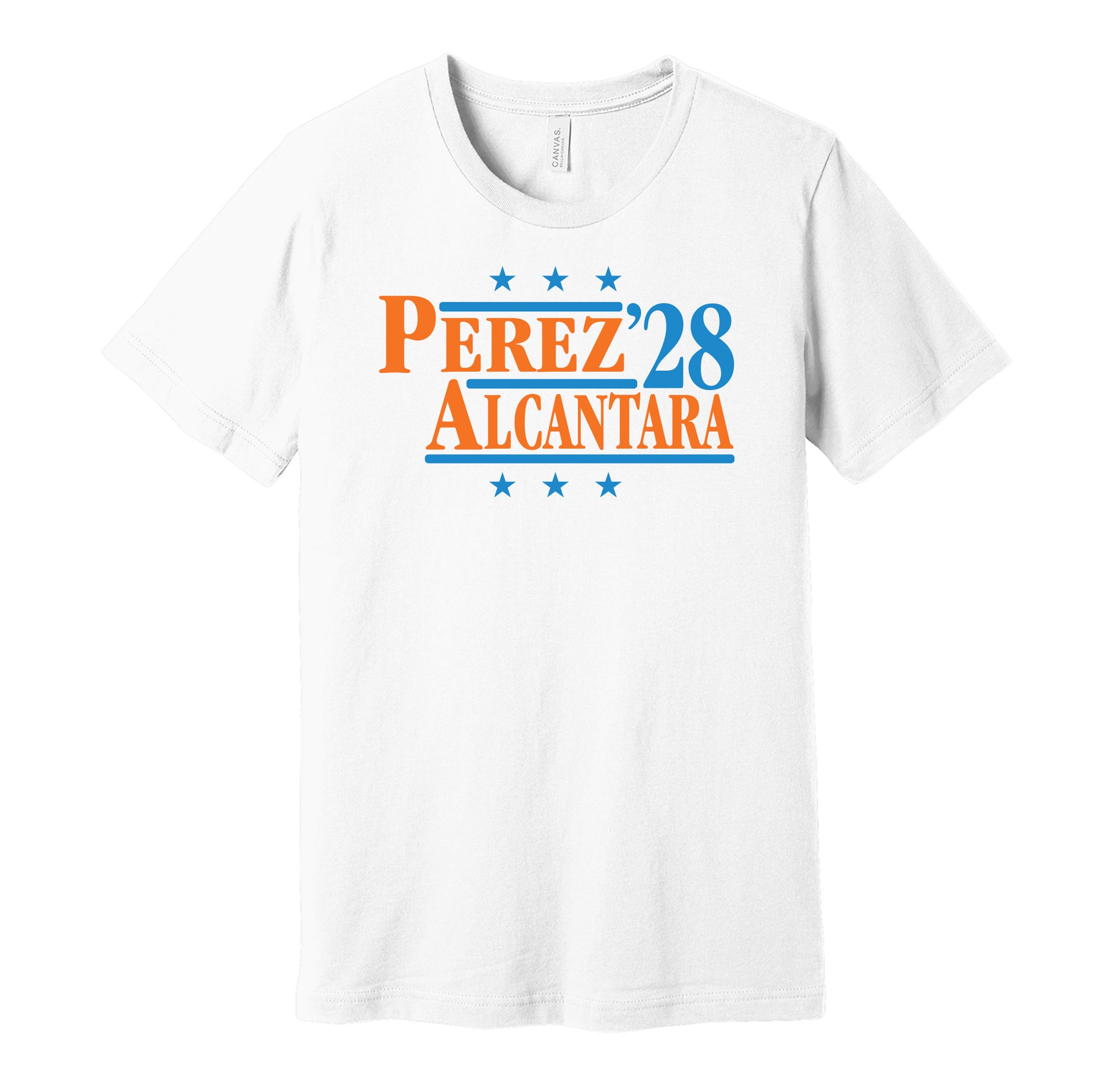 perez alcantara '28 for president 2028 miami marlins fans election parody white shirt