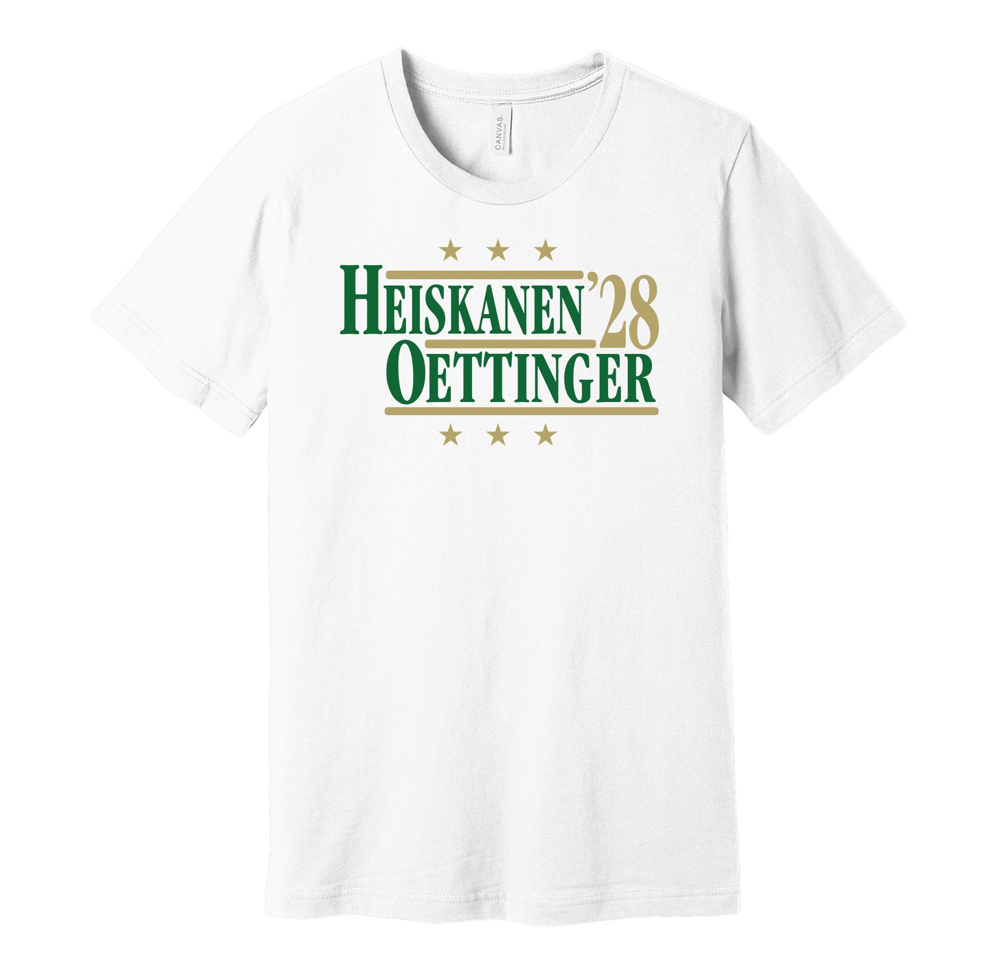 Dallas Stars retro political campaign parody white t-shirt featuring Miro Heiskanen and Jake Oettinger '28, designed in a vintage election style by Hyper Than Hype Shirts.