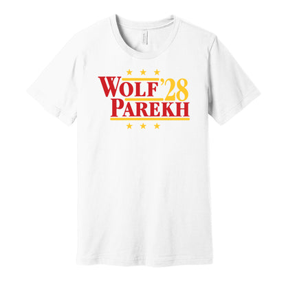 Calgary Flames retro political campaign parody white t-shirt featuring Dustin Wolf and Zayne Parekh '28, designed in a vintage election style by Hyper Than Hype Shirts.