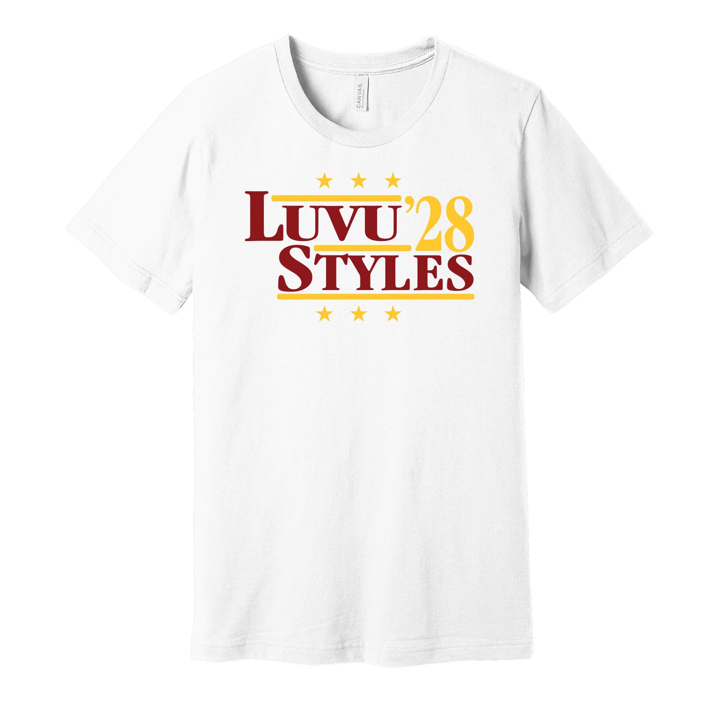 Washington Commanders retro political campaign parody white t-shirt featuring Frankie Luvu and Sonny Styles '28, designed in a vintage election style by Hyper Than Hype Shirts.