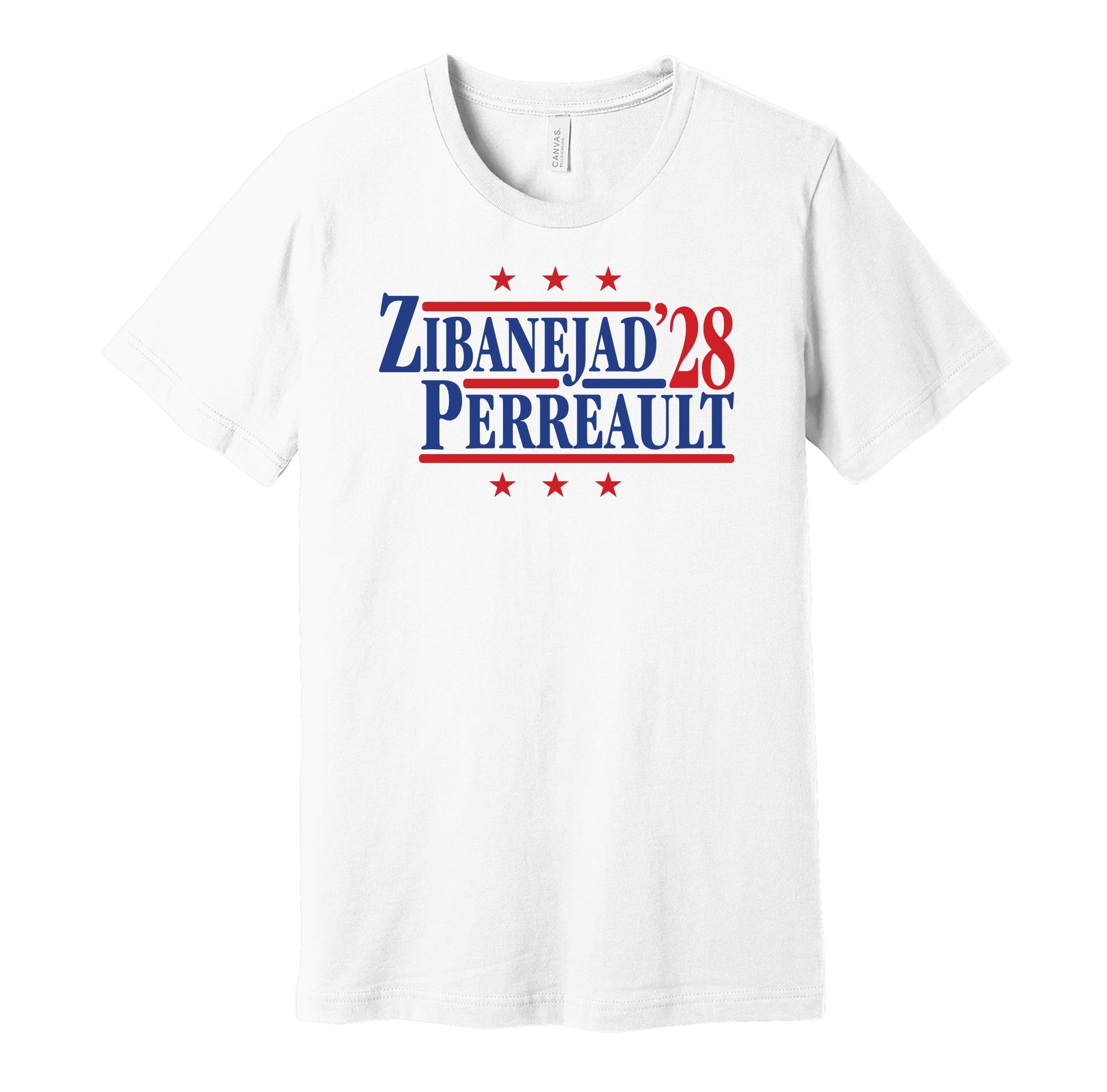 New York Rangers retro political campaign parody white t-shirt featuring Mika Zibanejad and Gabriel Perreault '28 design