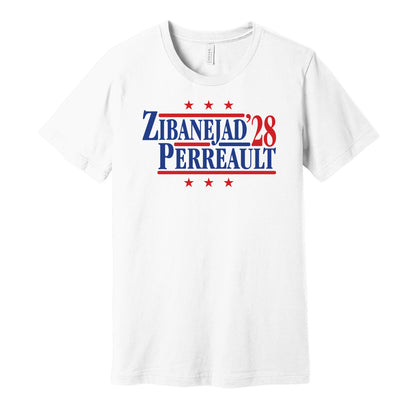 New York Rangers retro political campaign parody white t-shirt featuring Mika Zibanejad and Gabriel Perreault '28 design