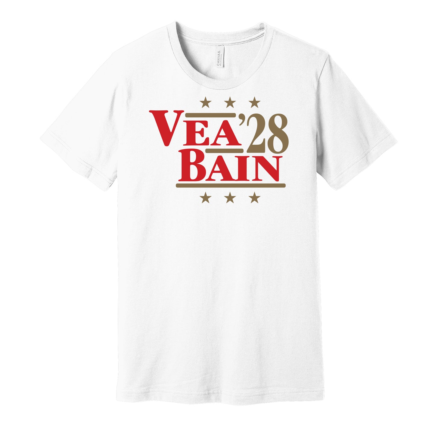 Tampa Bay Buccaneers retro political campaign parody white t-shirt featuring Vita Vea and Rueben Bain Jr. '28, designed in a vintage election style by Hyper Than Hype Shirts.
