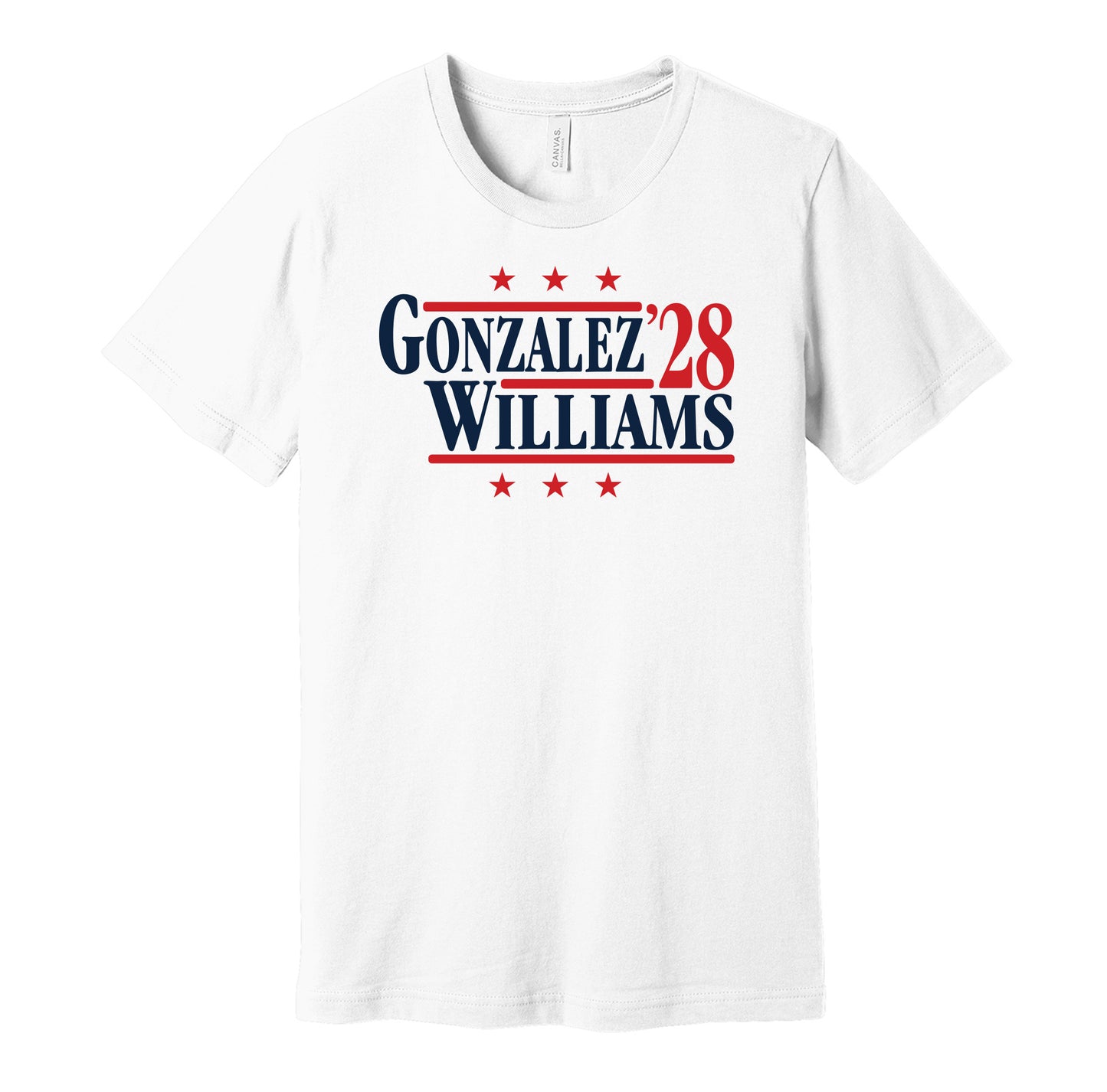 New England Patriots retro political campaign parody white t-shirt featuring Christian Gonzalez and Milton Williams '28, designed in a vintage election style by Hyper Than Hype Shirts.