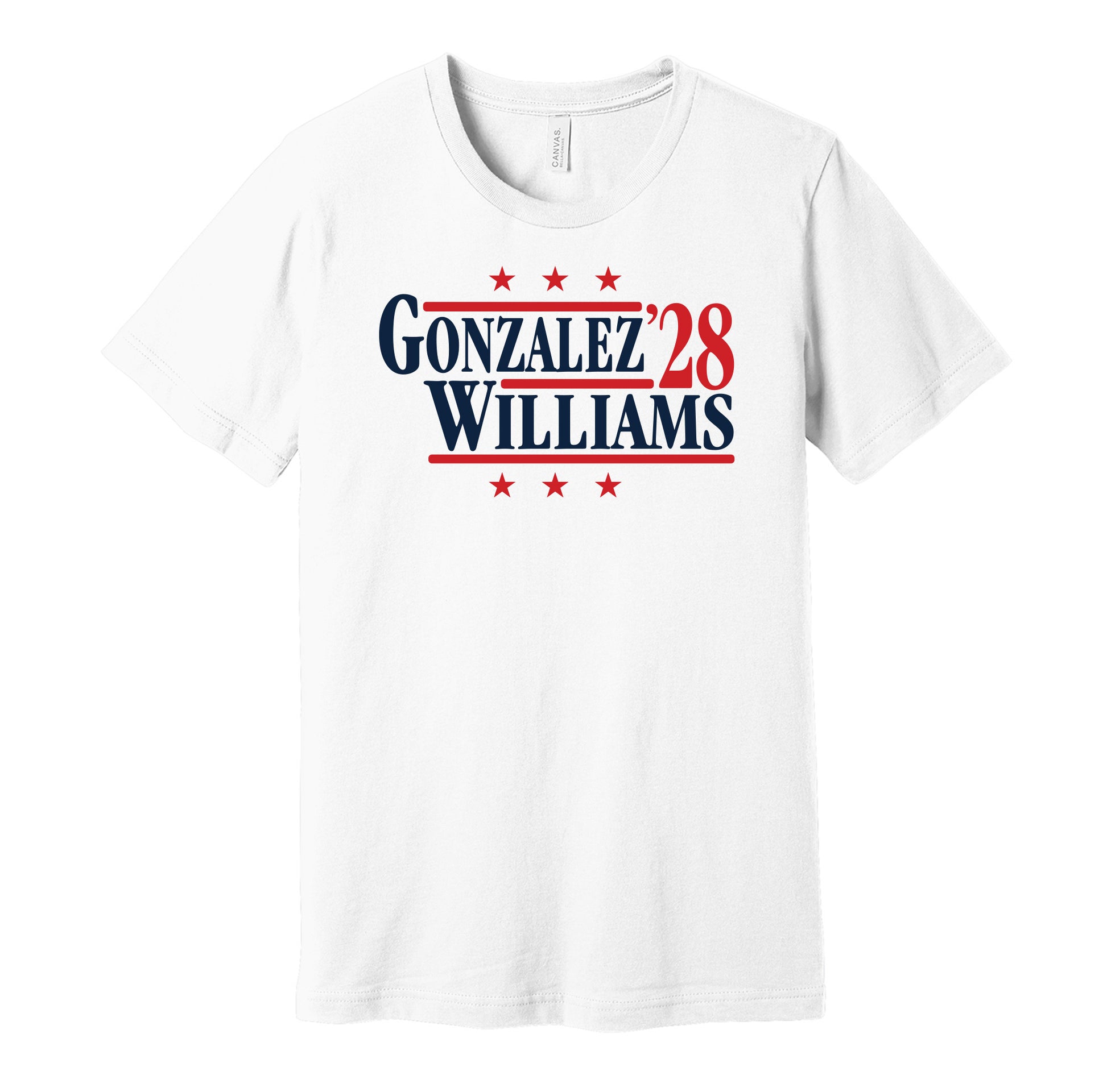 New England Patriots retro political campaign parody white t-shirt featuring Christian Gonzalez and Milton Williams '28, designed in a vintage election style by Hyper Than Hype Shirts.