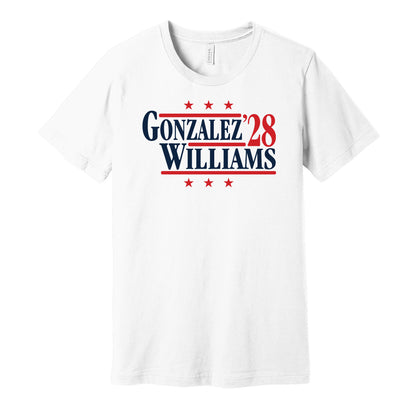 New England Patriots retro political campaign parody white t-shirt featuring Christian Gonzalez and Milton Williams '28, designed in a vintage election style by Hyper Than Hype Shirts.